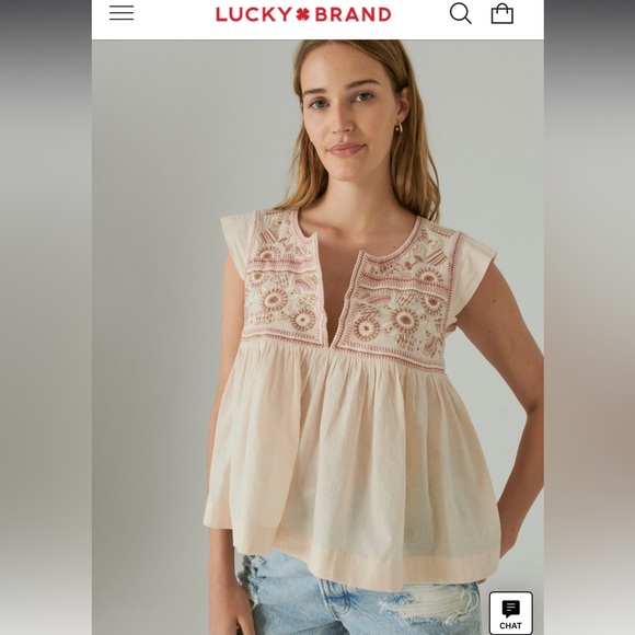 Lucky Brand Tops - NWT Lucky Brand Flutter Sleeve Embroidered Babydoll Top Small